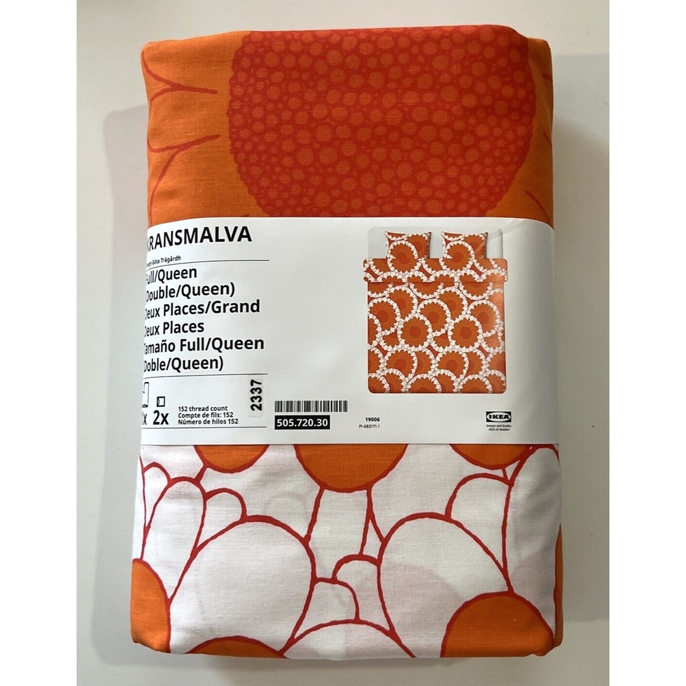 New IKEA KRANSMALVA Full Queen Duvet Cover + 2 Pillowcases Orange White Floral